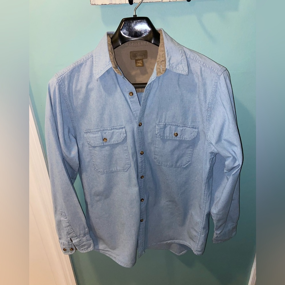 Faded Glory Men’s Long Sleeve Blue Cotton Chambray Shirt Size Medium 38/40.